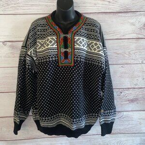 Dale Of Norway Womens Sweater L Wool Embroidered Fair Isle Black Clasp Vtg